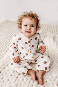 gathered romper in pinecone print