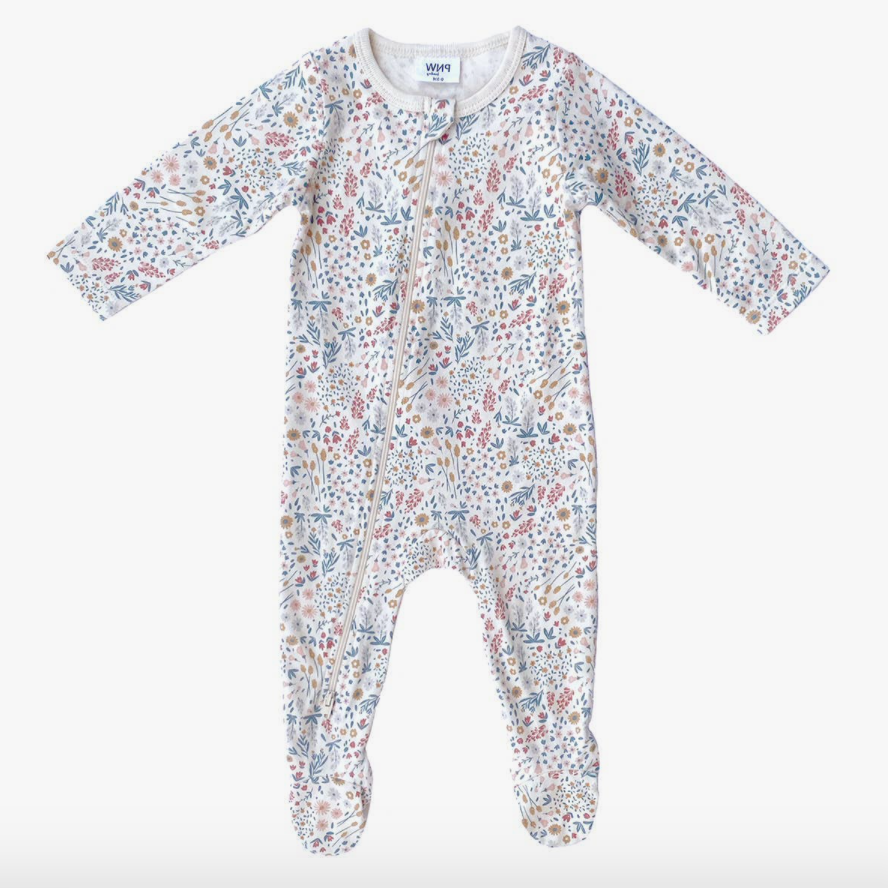 footed zip romper in mountain meadow