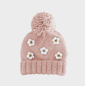 knit pom pom flower hat