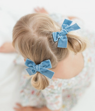 classic velvet pigtails in dusty blue