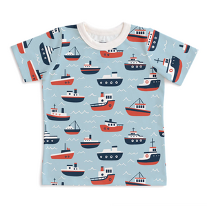 short sleeve tee in pale blue tugboats
