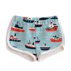 French terry shorts in pale blue tugboats