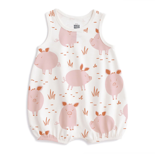 bubble romper in pink pigs