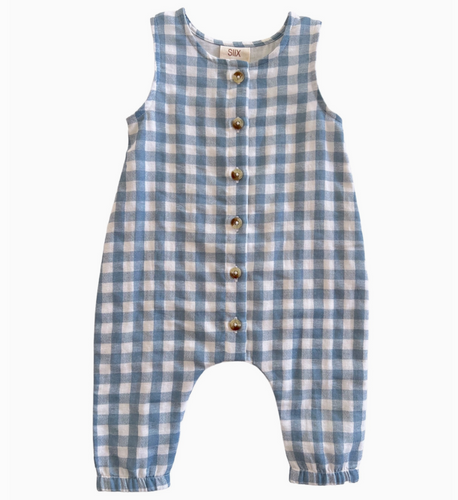 blue gingham jumpsuit