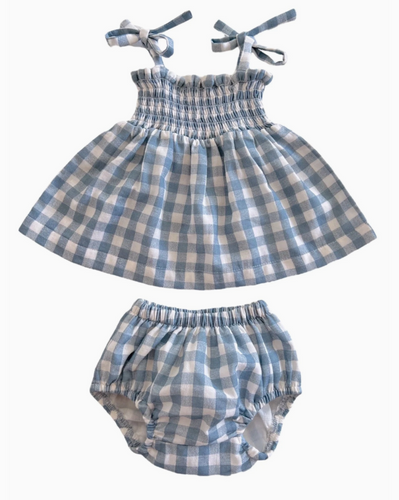 blue gingham smocked set