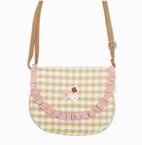 gingham embroidered ruffle bag
