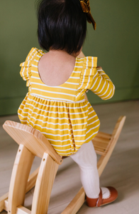 leah romper in mustard stripe