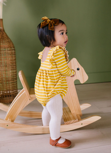 leah romper in mustard stripe