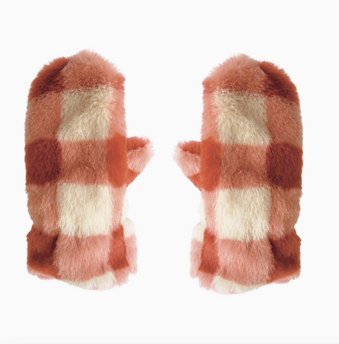 coral check furry mittens