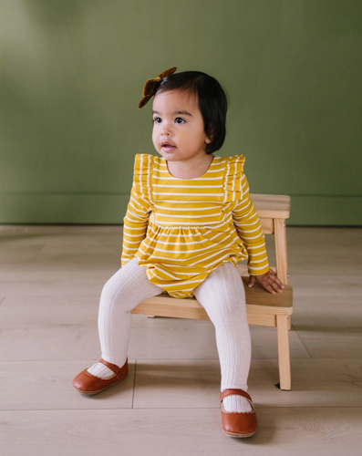 leah romper in mustard stripe