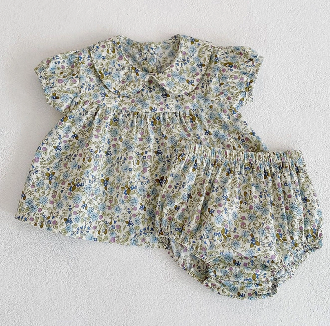 blue floral collared set