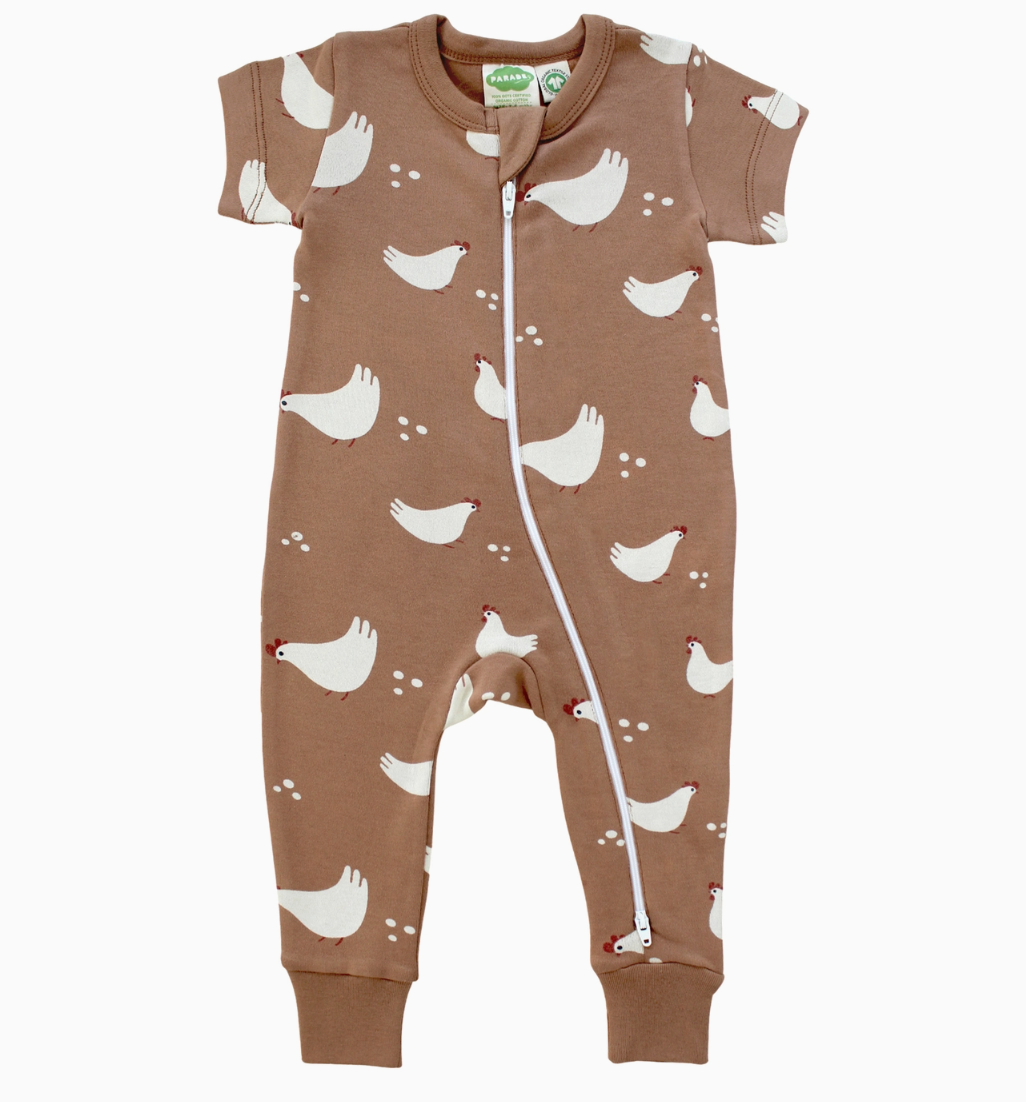 short sleeve zip romper in chickens
