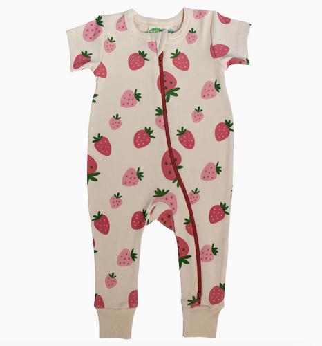 short sleeve zip romper in strawberry