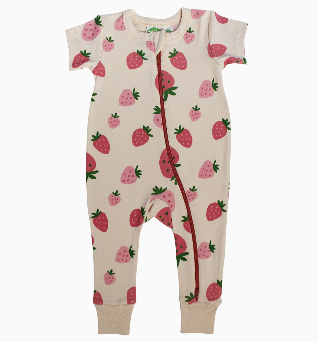 short sleeve zip romper in strawberry