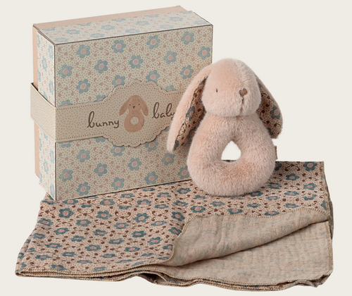 bunny rattle set in powder pink