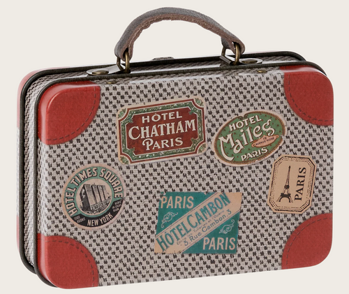metal suitcase grey travel stamps