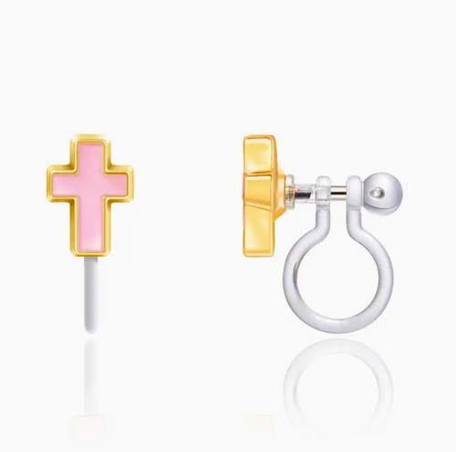 clip on earrings: pink cross