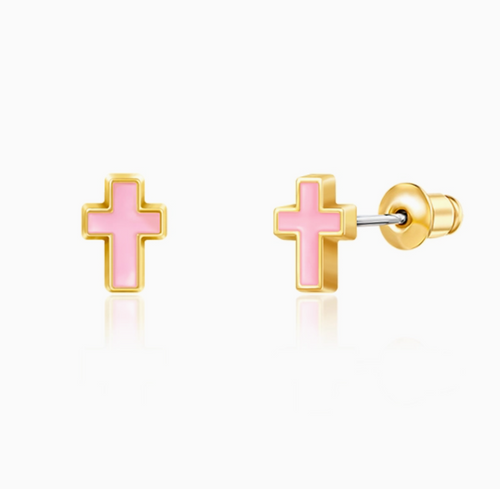 stud earrings: pink cross