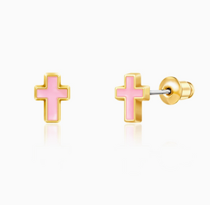 stud earrings: pink cross