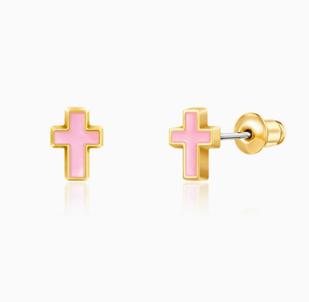 stud earrings: pink cross