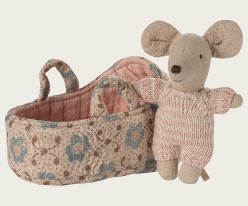 rose baby mouse in carry cot