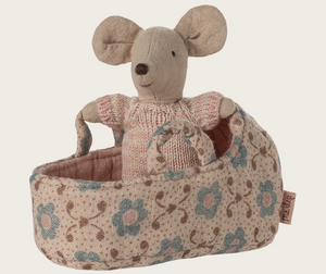 rose baby mouse in carry cot
