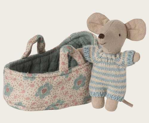 blue baby mouse in carry cot