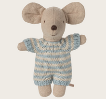 blue baby mouse in carry cot