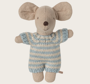blue baby mouse in carry cot