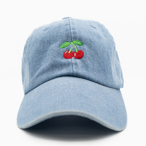 embroidered cherry hat on denim