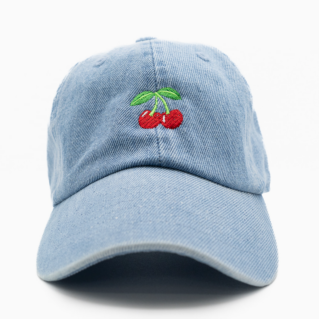 embroidered cherry hat on denim