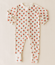 zip romper in strawberries