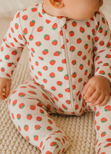 zip romper in strawberries