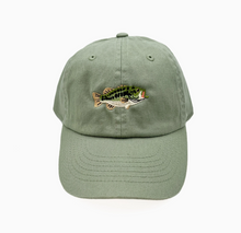 embroidered bass on dusty sage hat