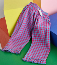 gingham ruffle pant in pink+blue