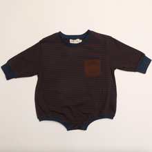 pocket romper in blue chocolate stripe