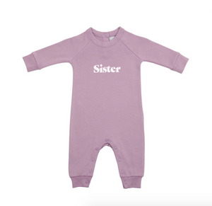 dusty violet "sister" all-in-one romper
