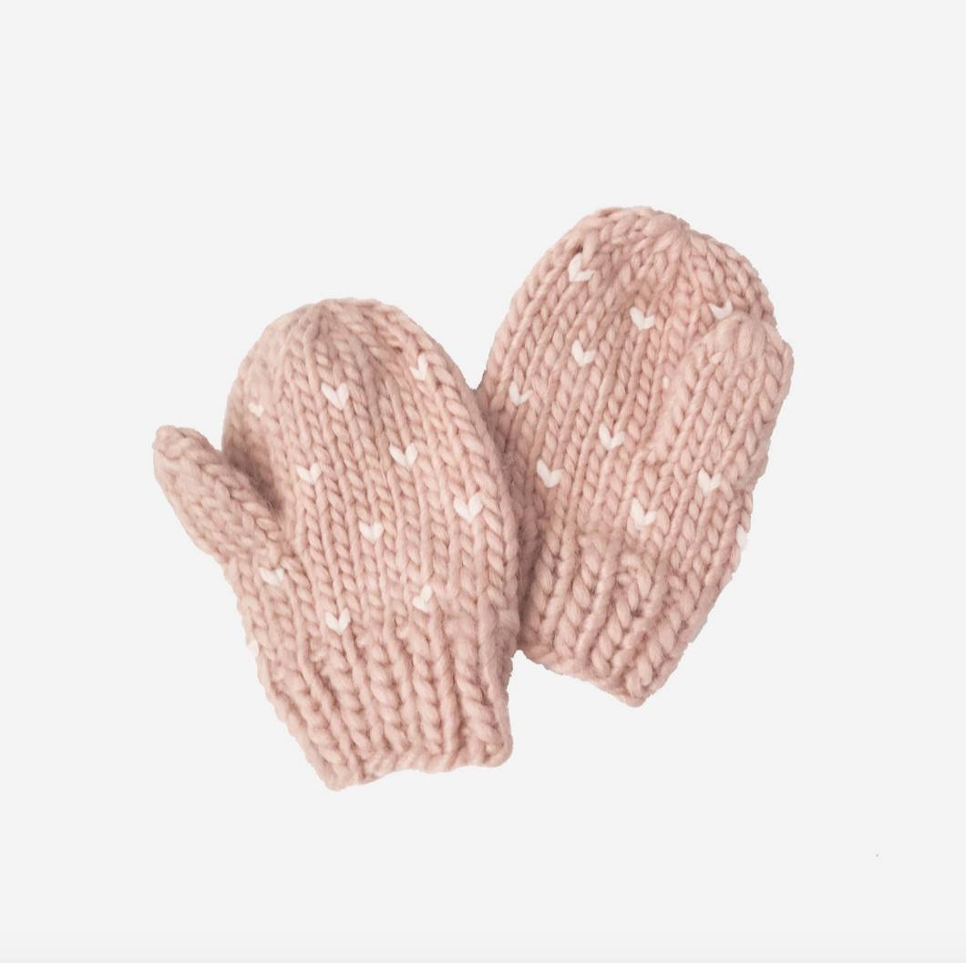 knit mittens in blush hearts