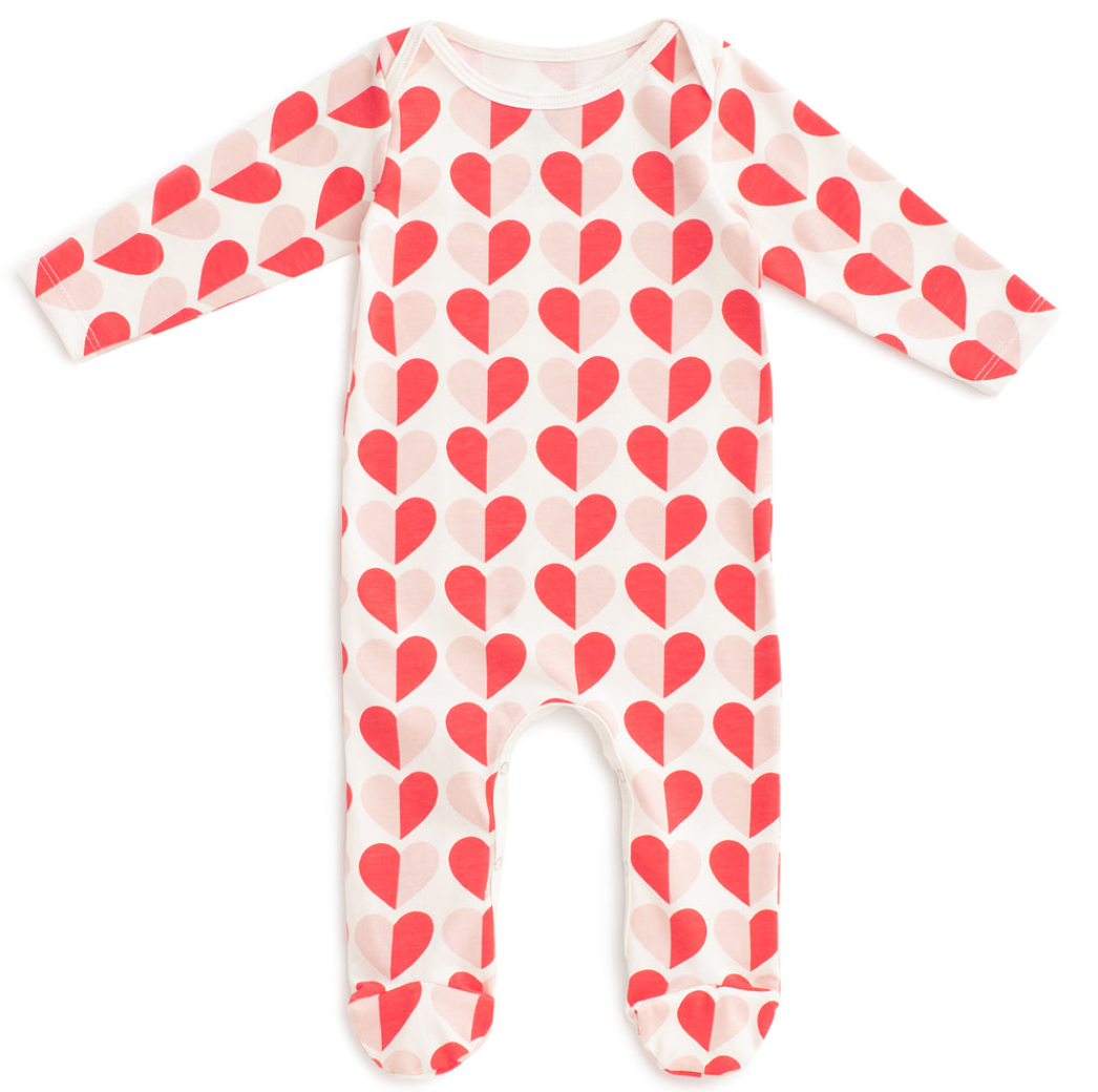 footed romper in hearts red + pink